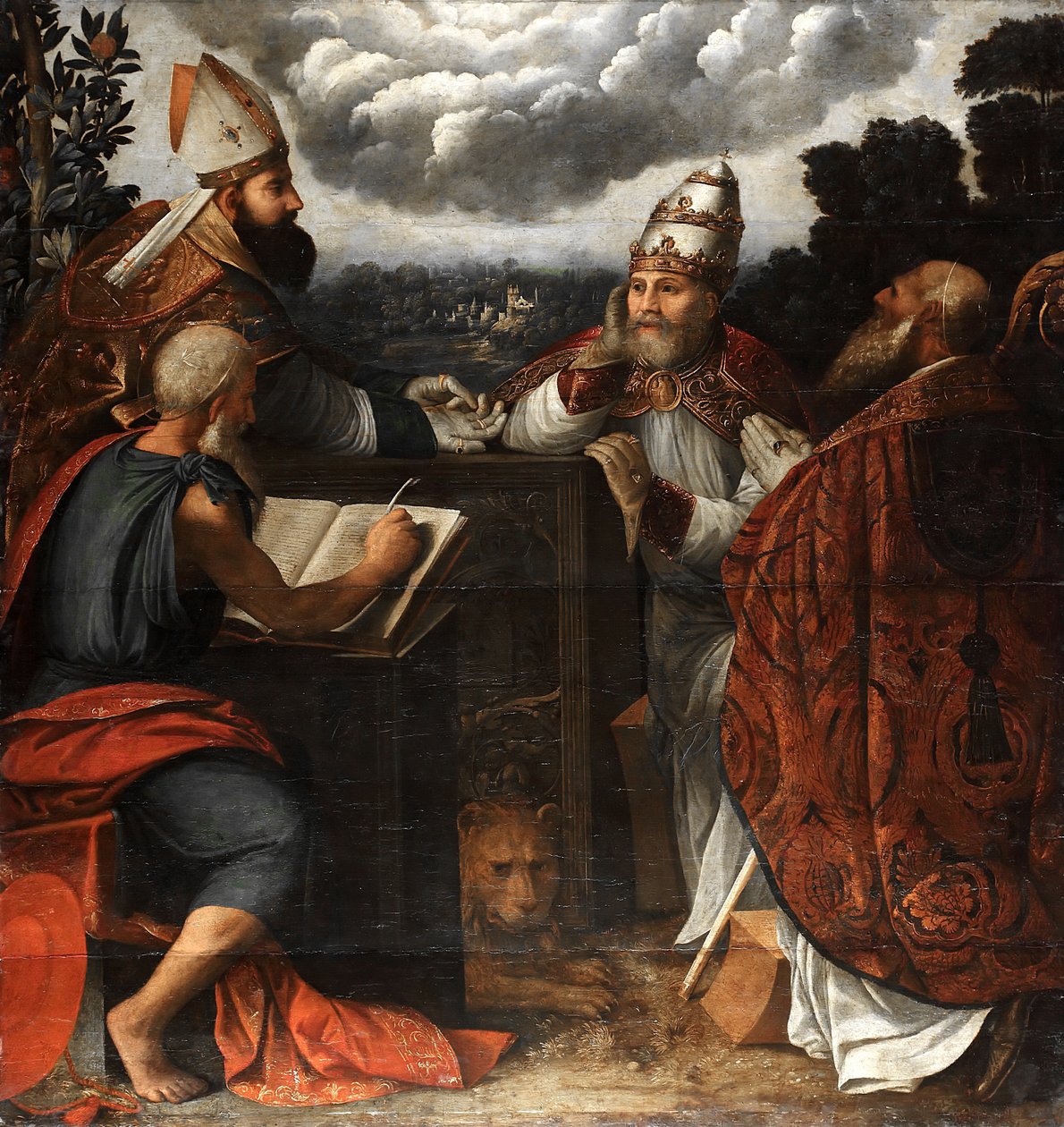 Tvist mellom fire kirkefedre om den ubesmittede unnfangelsen, 1541 av Dosso Dossi