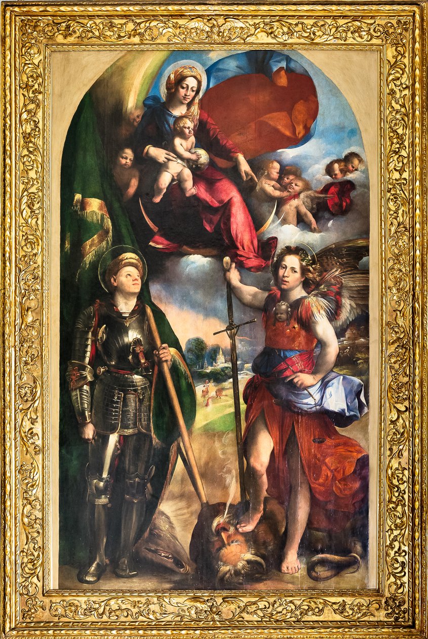 Madonna with Infant Jesus and St George and St Michael Archangel, c.1518 (oil on panel)   1406608   no       norwegian Successfully Translated  Original: Optocht van mensen uit de Vijf Landen Translat: Optocht van mensen uit de Vijf Landen 1342401 no norwe av Dosso Dossi