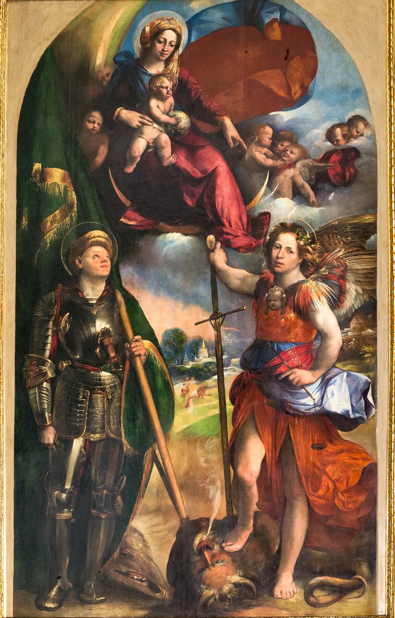 Madonna med spedbarnet Jesus og St. George og St. Michael Erkeengel, ca. 1518 (olje på panel) av Dosso Dossi