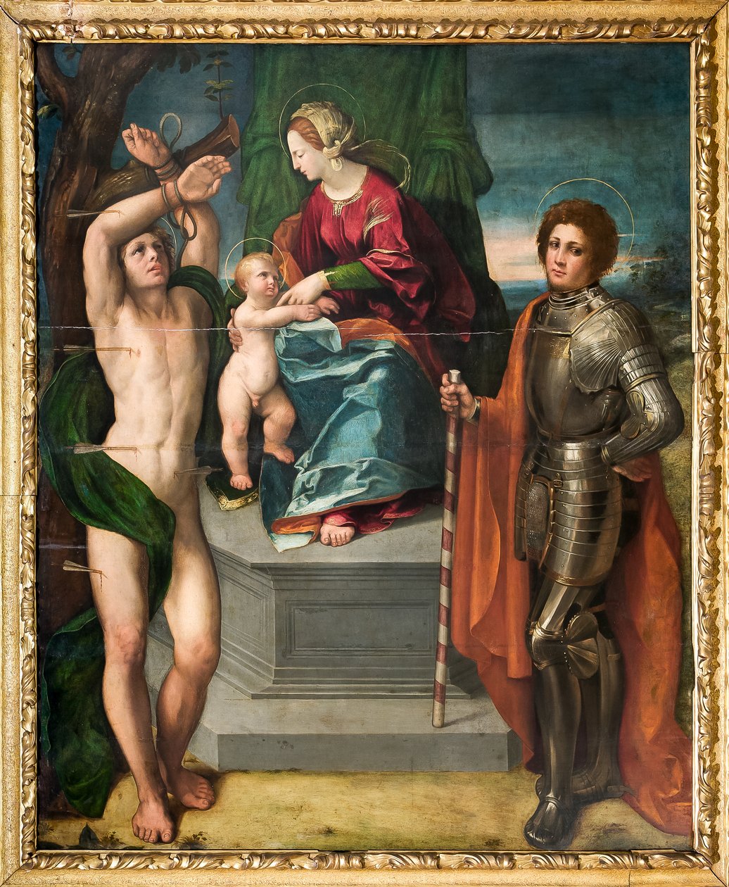 Madonna med Jesusbarnet og St. Sebastian og St. George, detalj av Dosso Dossi