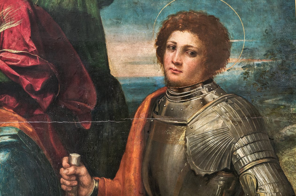Madonna med spedbarnet Jesus og St Sebastian og St George, detalj av 2384616 av Dosso Dossi