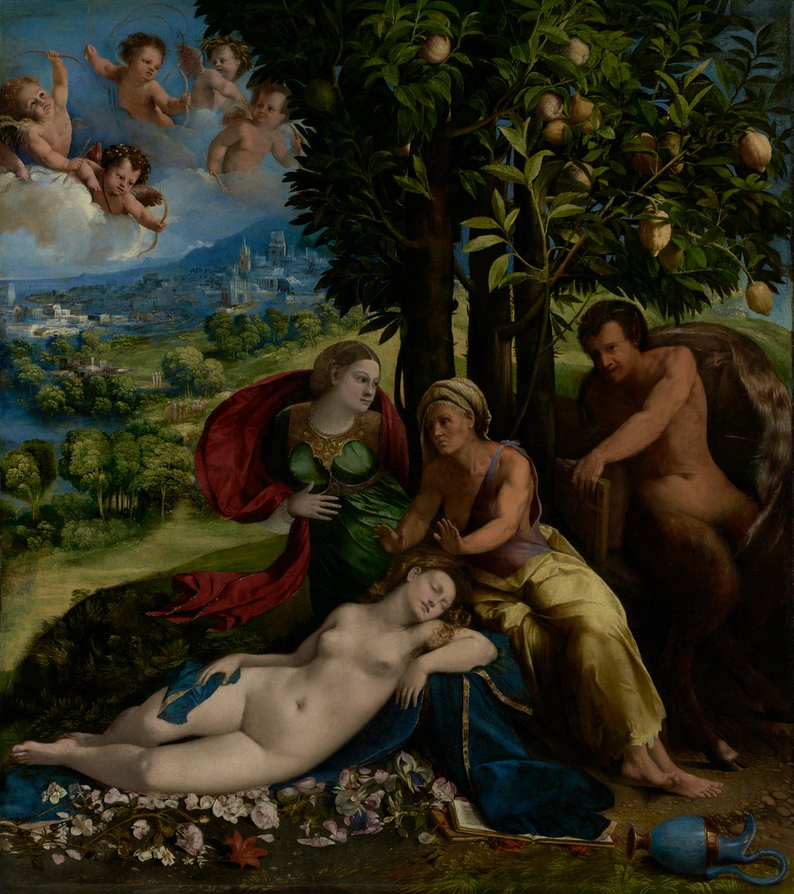 Mytologisk scene, ca. 1524 (olje på lerret) av Dosso Dossi