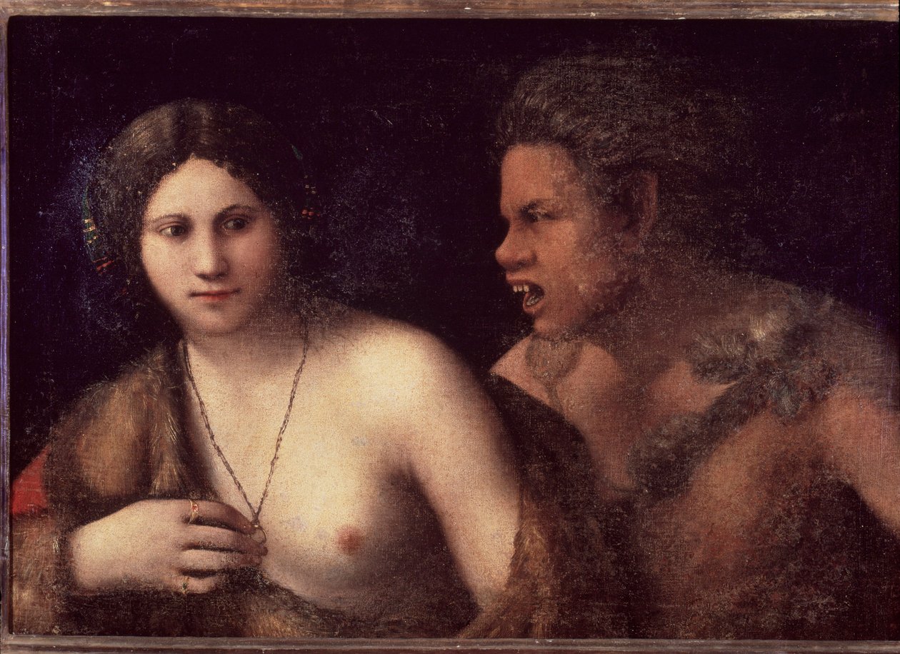 Nymfe og satyr - maleri av Dosso Dossi