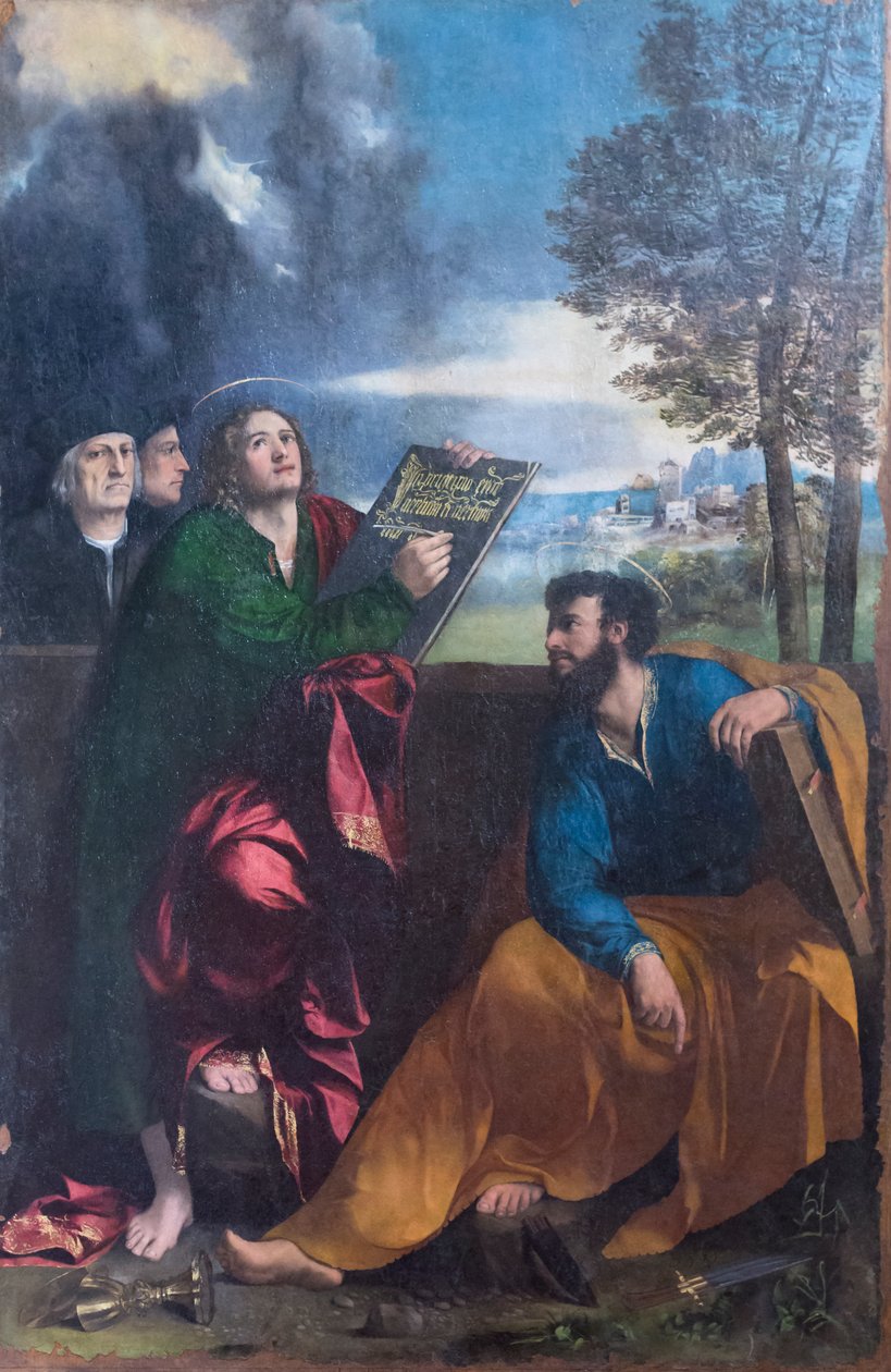 Evangelisten Johannes og Bartholomew med Pontichino della Sale og et medlem av hans familie av Dosso Dossi