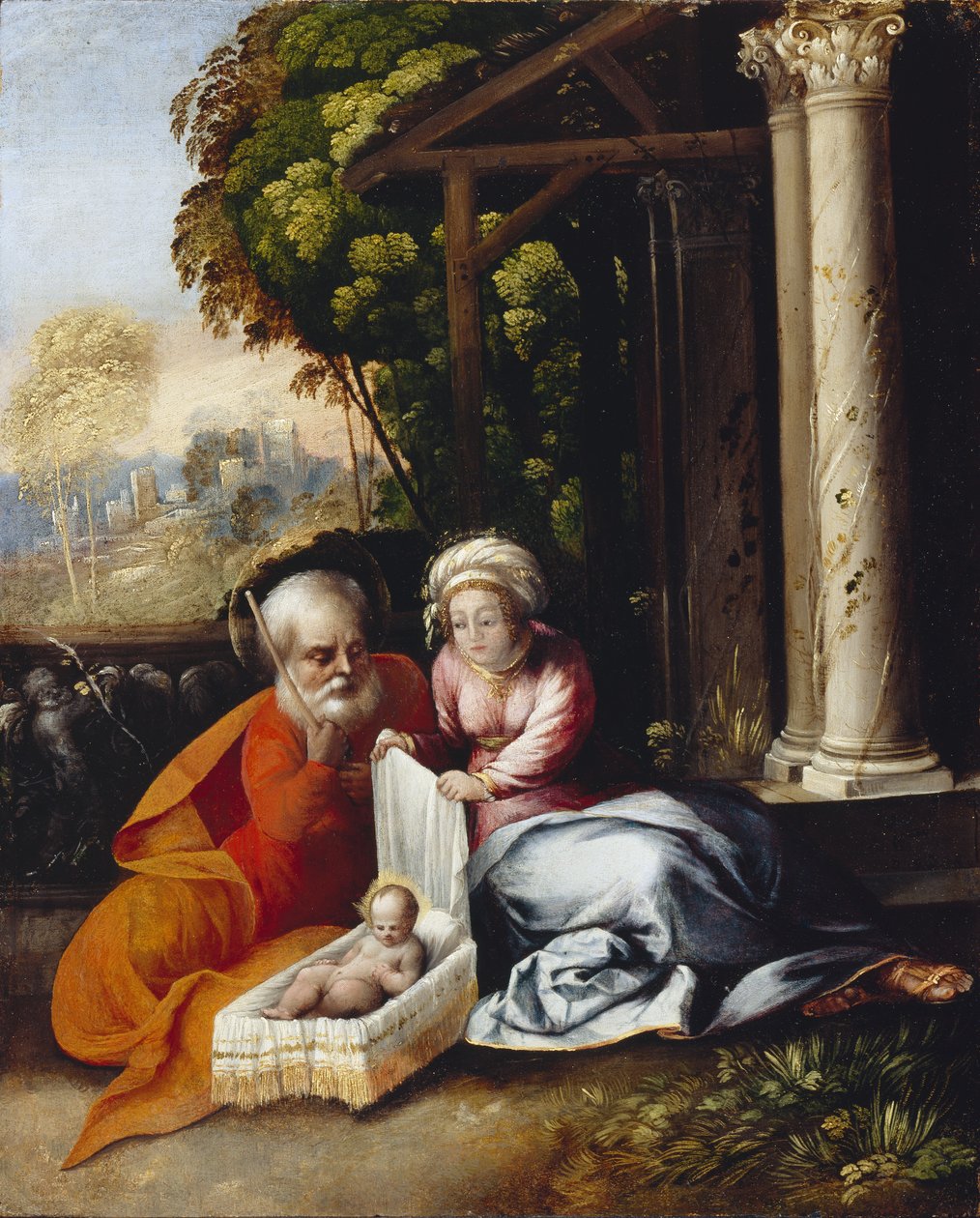 Den hellige familie, ca. 1516 (olje på trepanel) av Dosso Dossi
