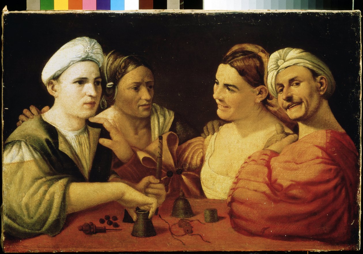 ""illusjonistene"" (Tryllerne) Et par sjarlataner som lurer ofrene sine ved å bruke magiske kuber. Maleri av Giovanni Luteri kjent som Dosso Dossi (cirka 1486-1542) Pushkin-museet fra 1500-tallet, Moskva av Dosso Dossi