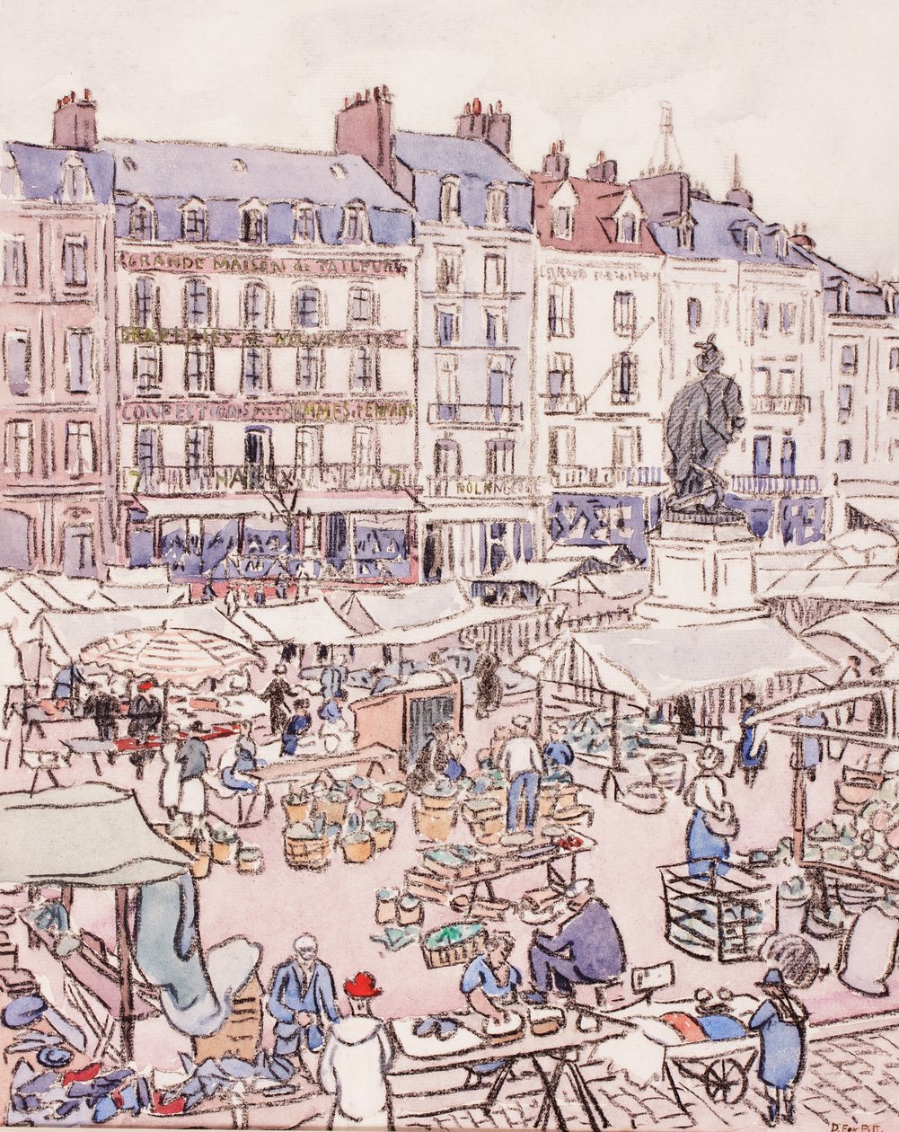 Place Nationale, Dieppe, ca. 1910 (kritt og wc på papir) av Douglas Fox Pitt
