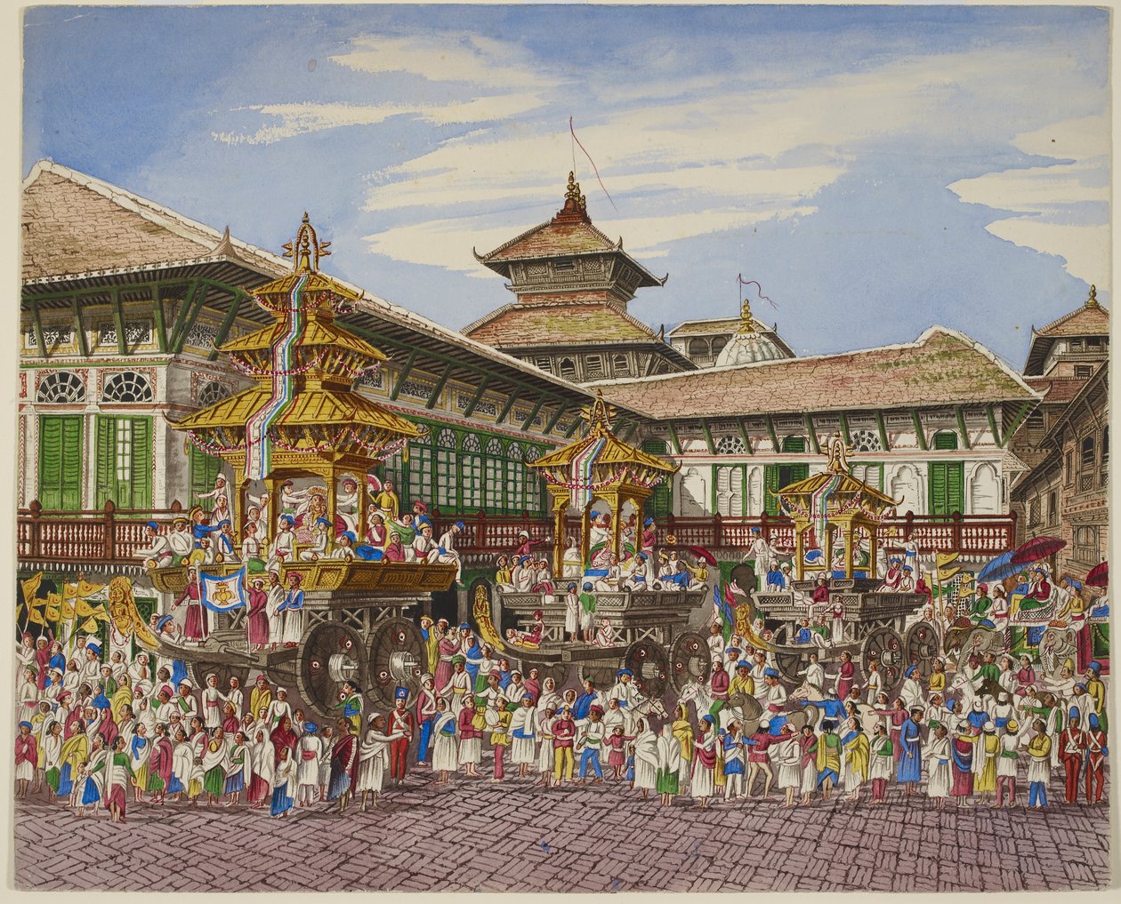 T jomfrureise. Tri Temple Cars utenfor T Hanuman Dhoka, Kathmandu (Black Litho) av Dr. Henry Ambrose Oldfield
