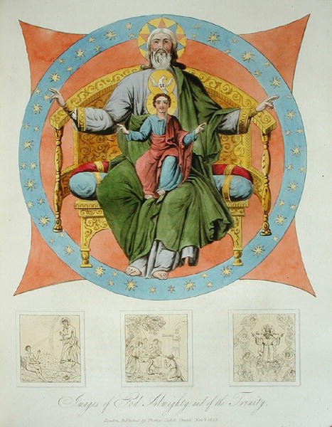 Bilder av Gud den allmektige og av treenigheten fra Himmelfartskatedralen, Moskva, plate 14 fra "Russernes karakter og en detaljert historie om Moskva", utgitt 1823 (fargeakvatint) av Dr. Robert Lyall