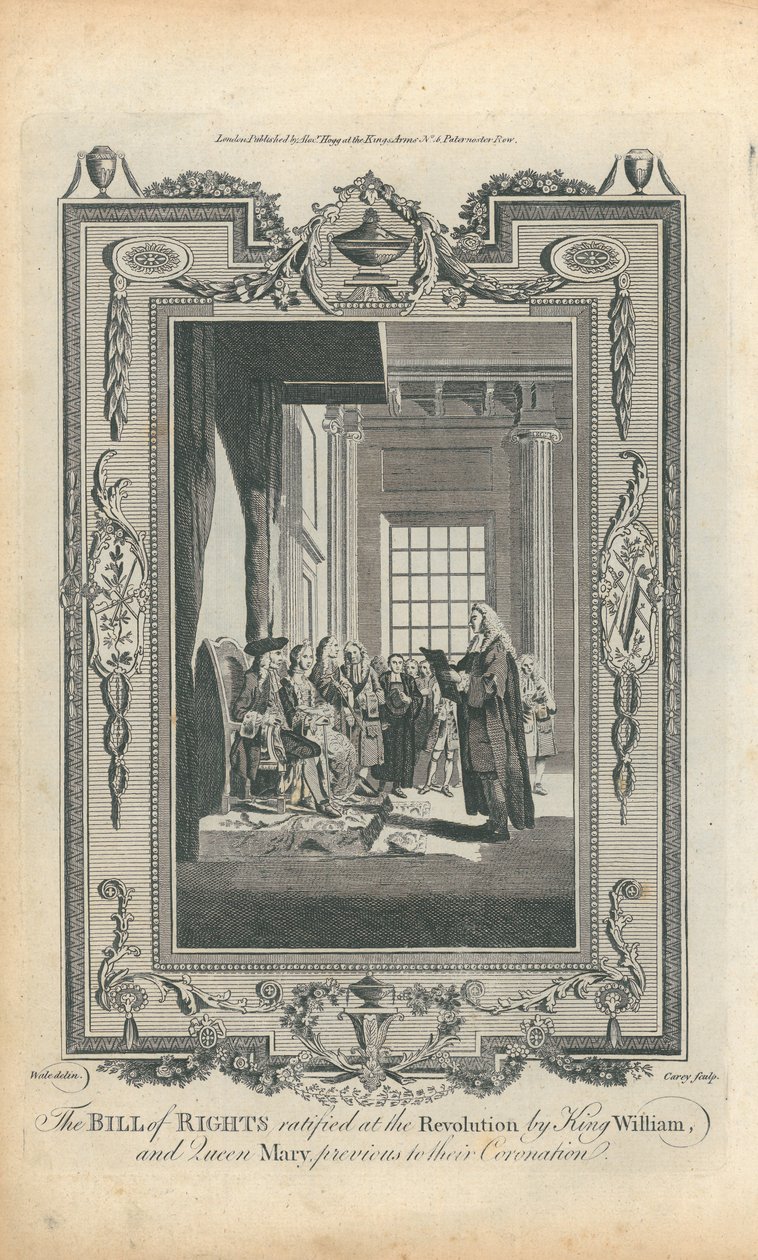 Bill of Rights ratifisert ved revolusjonen av kong William og dronning Mary, før deres kroning av Samuel Wale