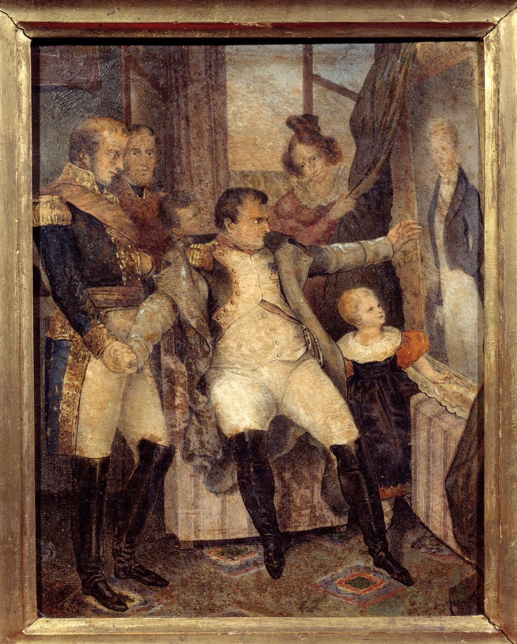 Portrett av Napoleon I (1769-1821) foran portrettet av sønnen, kongen av Roma Napoleon II (1811-1832) tilbudt av hans ledsagere i eksil på øya Saint Helene Peinture de Dubreuil (1799-1850) av Dubreuil