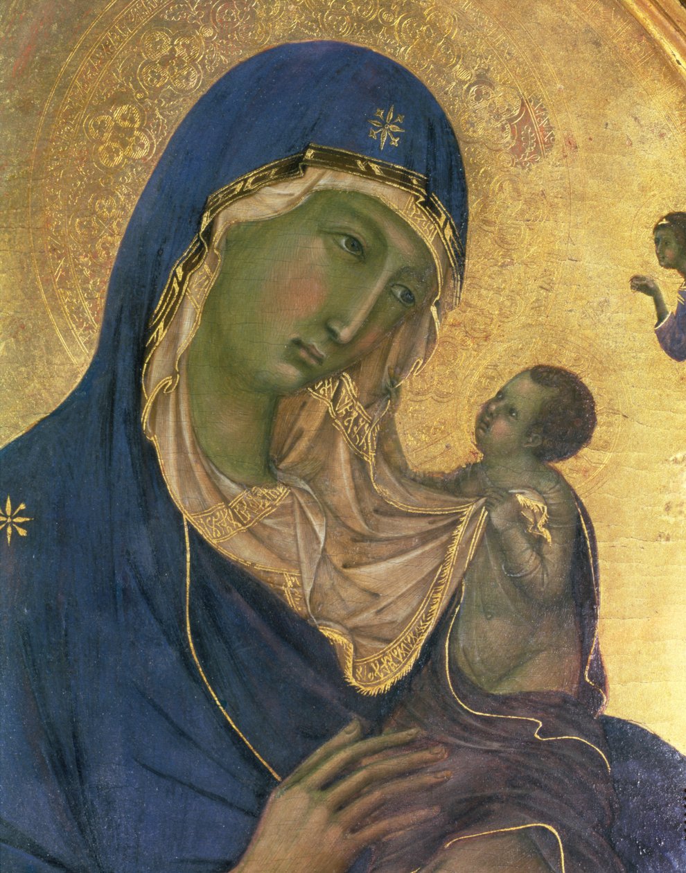 Madonna og barn med SS. Dominic og Aurea, detalj av Madonna og barnet, ca. 1315 (tempera på panel) (detalj av 28972) av Duccio di Buoninsegna