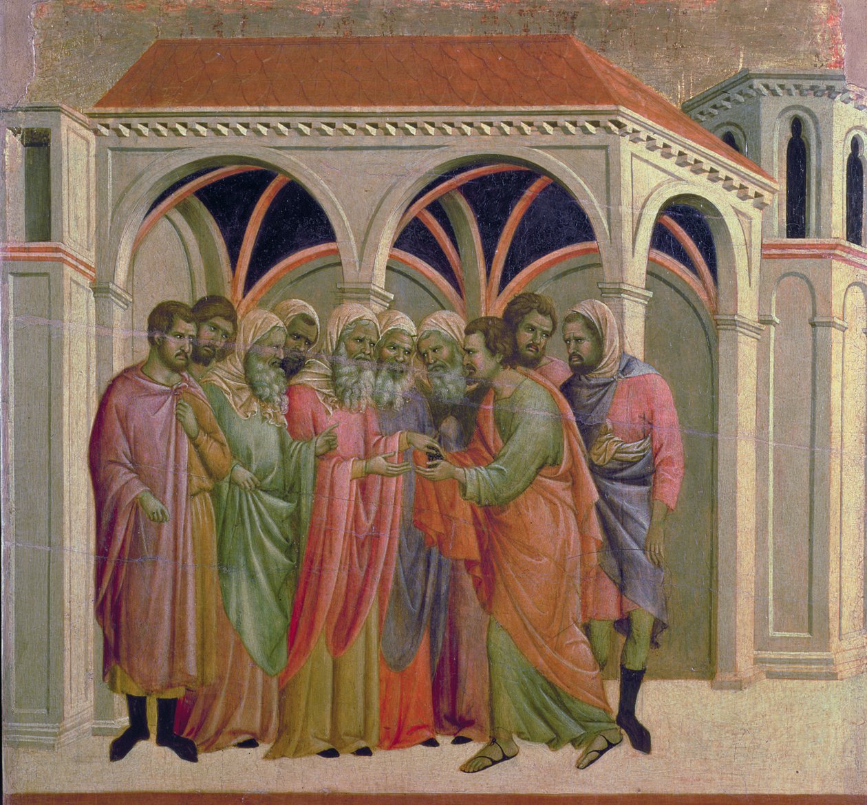 Maesta: Judas mottar tretti sølvstykker, 1308-11 av Duccio di Buoninsegna