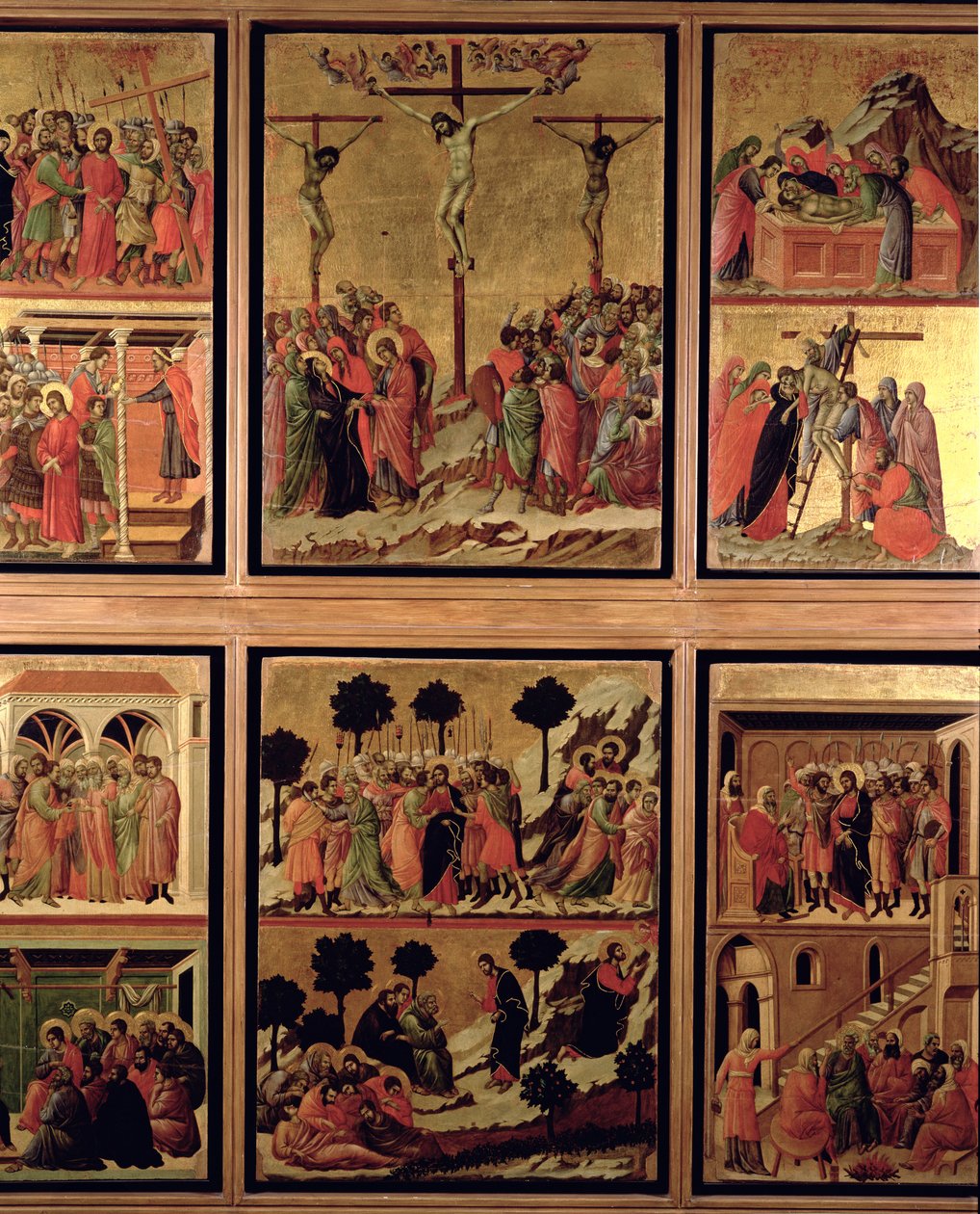 Maesta: elleve scener fra lidenskapen, 1308-11 (tempera på panel) (revers av 55438) av Duccio di Buoninsegna