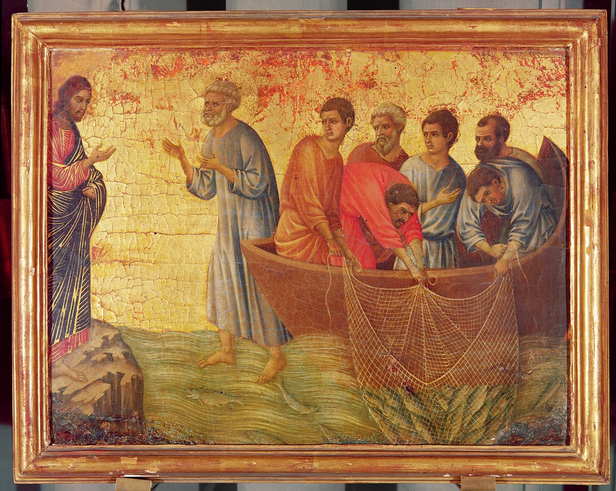 The Apparition on Lake of Tiberiade, fra historien om Kristus etter oppstandelsen, baksiden av Maesta-altertavlen, ferdig 1311 (tempera på panel) av Duccio di Buoninsegna