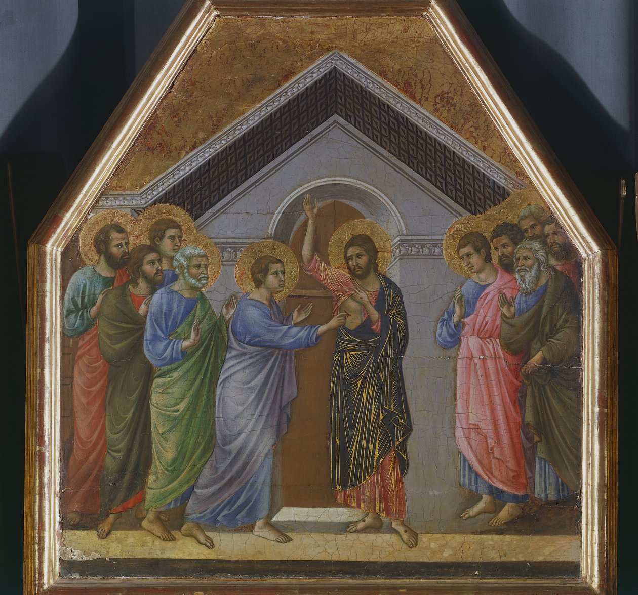 Altarpeice: The Incredulity of St Thomas, detalj av galingen fra baksiden av Maesta' i katedralen i Siena av Duccio di Buoninsegna