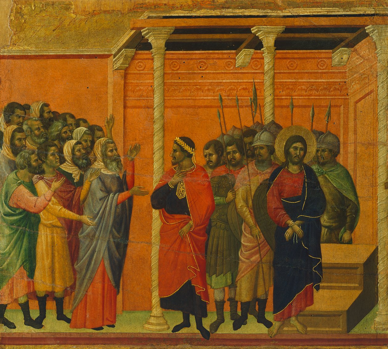 Altertavle: Kristus anklaget av fariseerne, detalj av en flis fra Historiene om Kristi lidenskap og oppstandelse, baksiden av Maesta'en i katedralen i Siena av Duccio di Buoninsegna