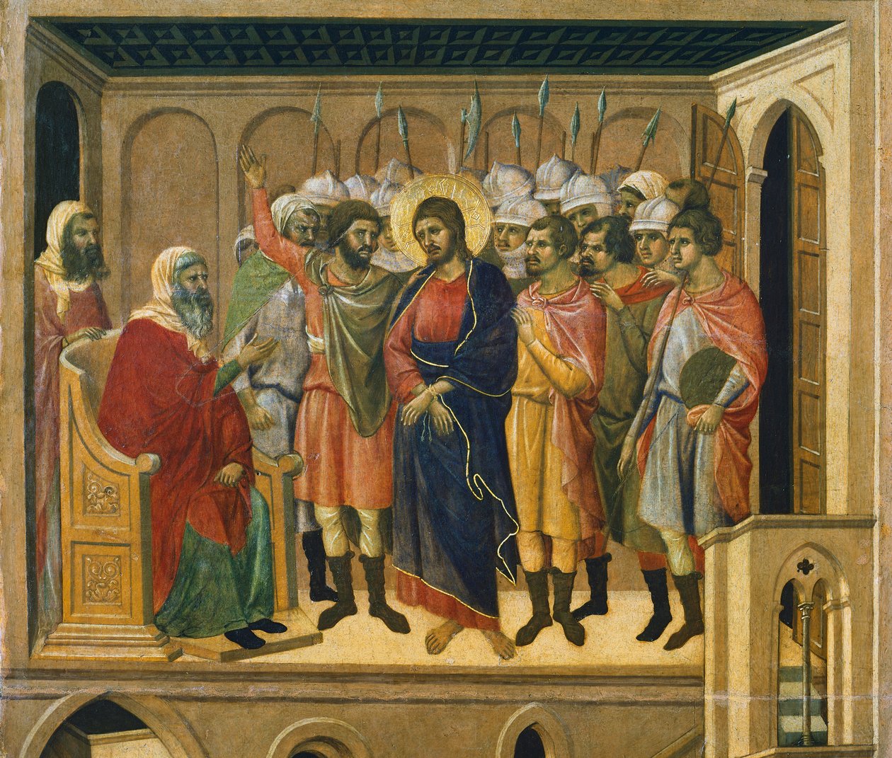 Kristus før ypperstepresten, detalj av flis fra episoder fra Kristi lidenskap og oppstandelse, baksiden av Maesta' av Duccio altertavle i katedralen i Siena av Duccio di Buoninsegna