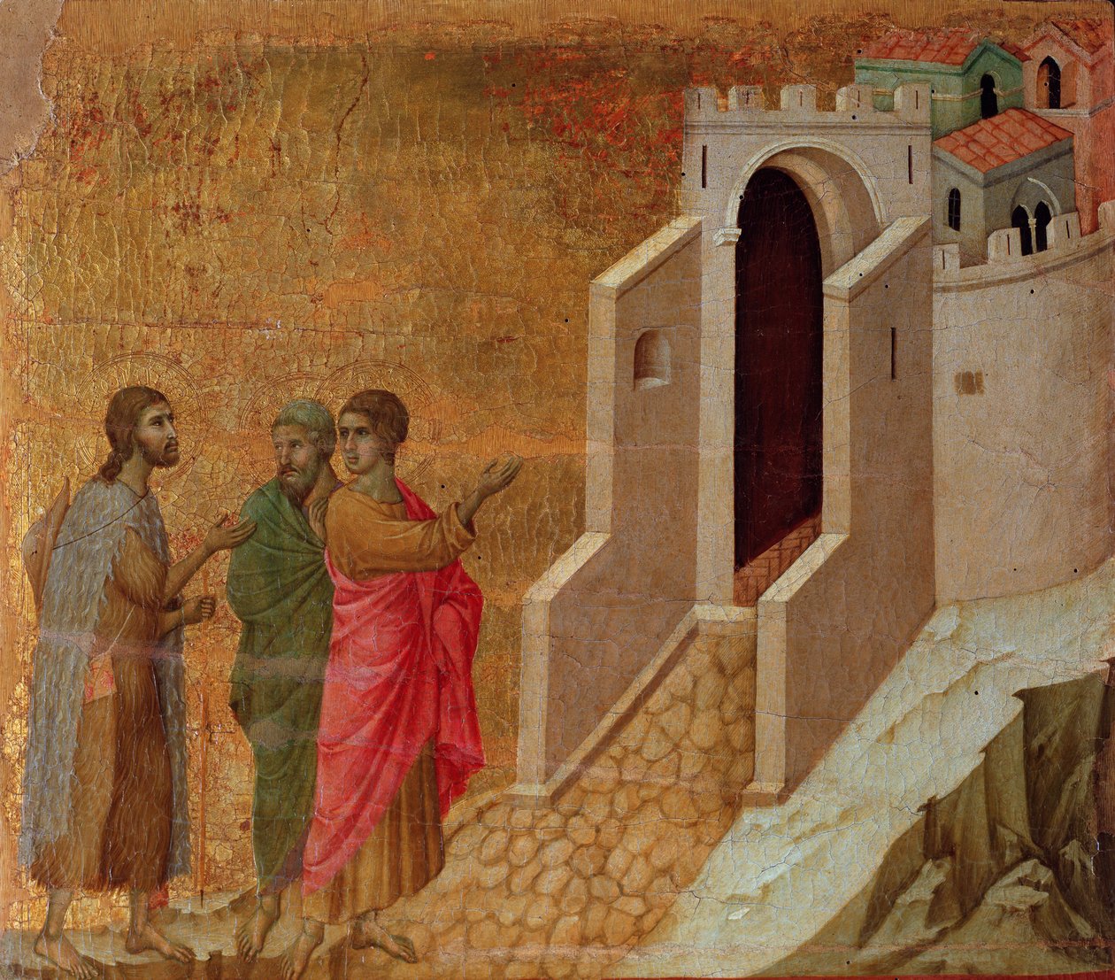 Kristus og pilegrimer ved portene til Emmausbyen. Maesta altertavle (tempera og gull på tre av Duccio di Buoninsegna