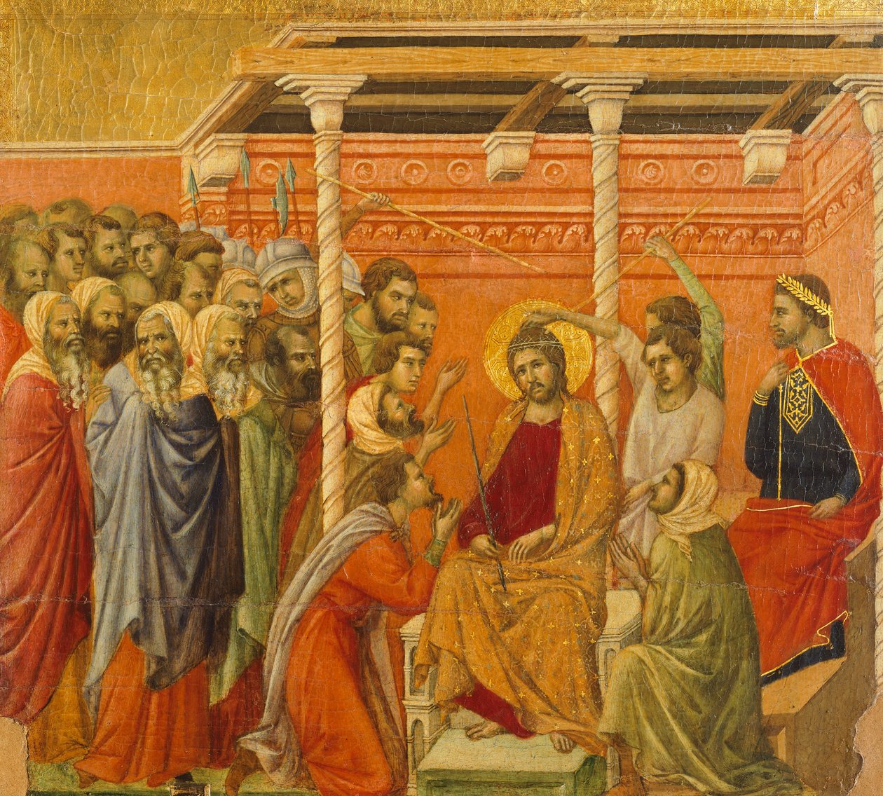 Kroning med torner, detalj av flis fra episoder fra Kristi lidenskap og oppstandelse, baksiden av Maesta' av Duccio altertavle i katedralen i Siena av Duccio di Buoninsegna