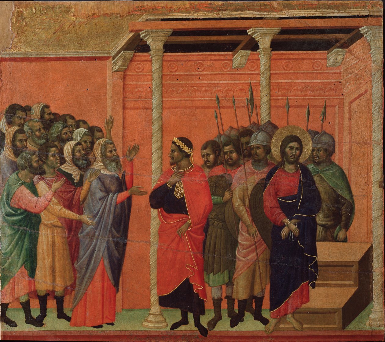Jesus anklaget av fariseerne. Maesta altertavle (tempera og gull på tre av Duccio di Buoninsegna