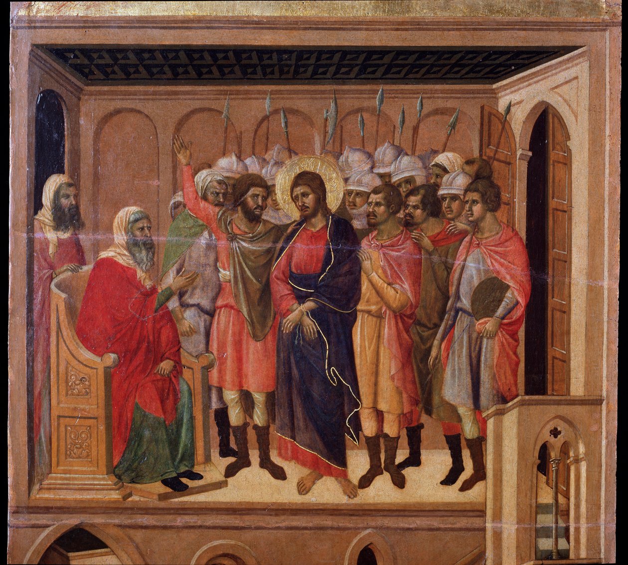 Jesus foran Annas. Maesta altertavle (tempera og gull på tre av Duccio di Buoninsegna