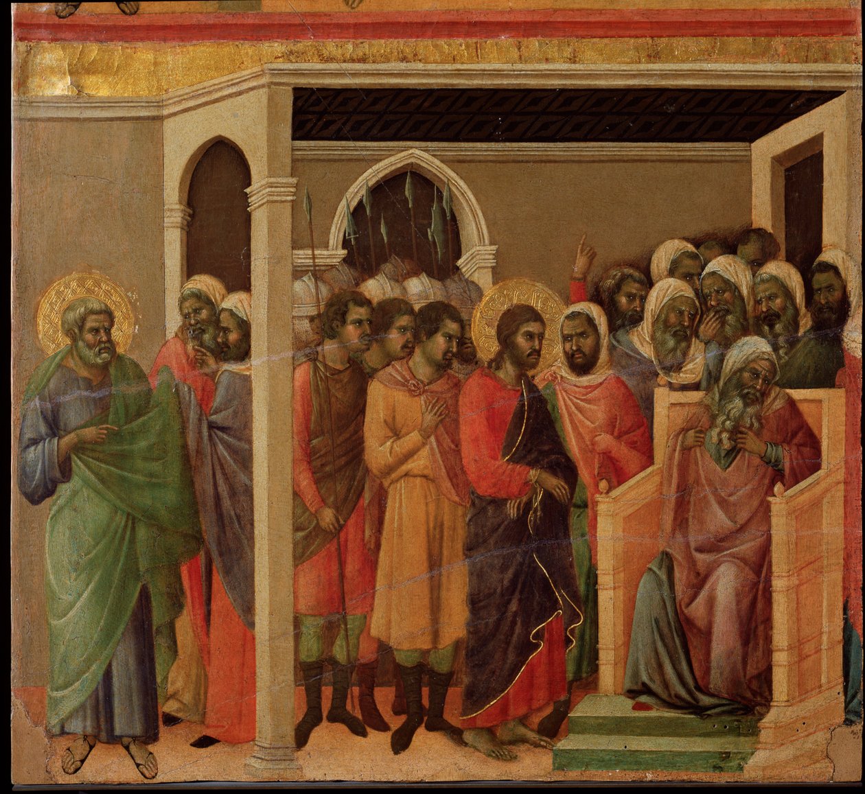 Jesus foran Kaifas. Maesta altertavle (tempera og gull på tre av Duccio di Buoninsegna