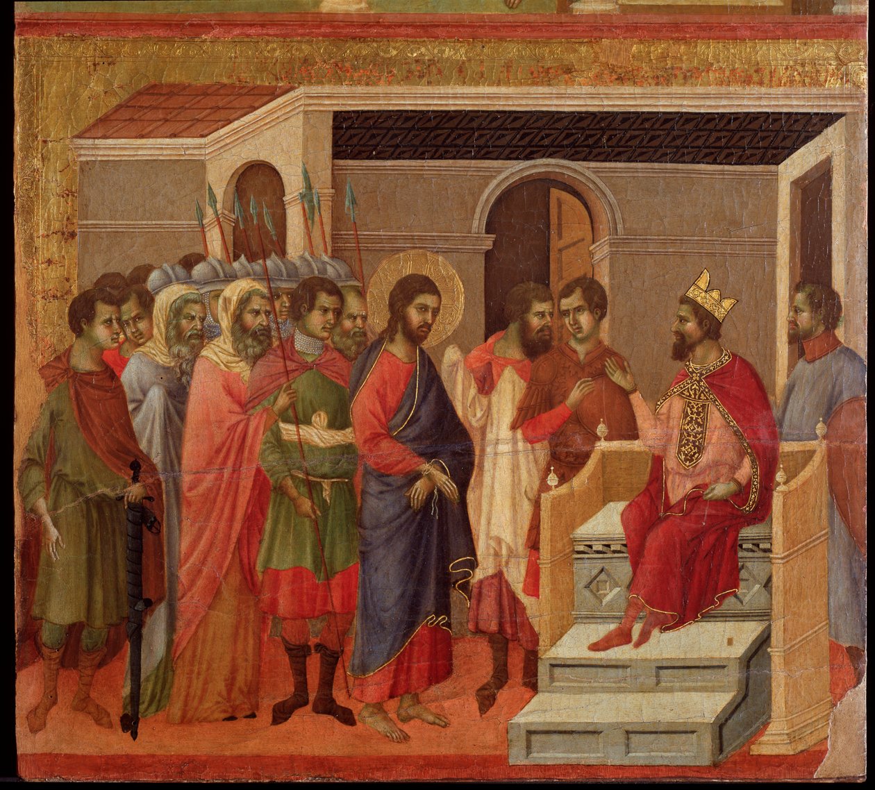 Jesus foran Herodes. Maesta altertavle (tempera og gull på tre av Duccio di Buoninsegna