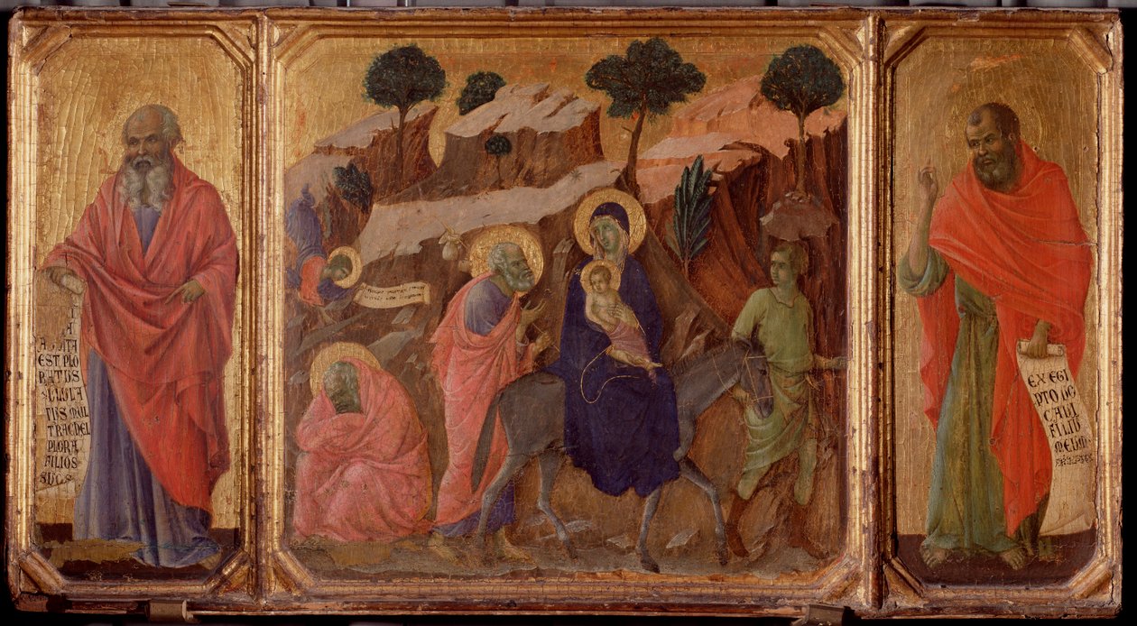 Life of the Christ: Fly til Egypt med profetene Jeremia og Hosea. Predella of the Maesta (tempera på tre av Duccio di Buoninsegna