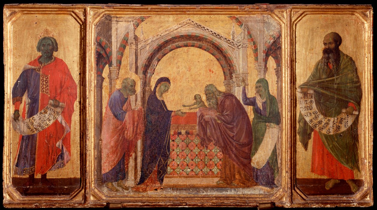 Livet til Kristus: Kong Salomo, presentasjonen i templet, Malakias. Predellla av La Maesta (tempera på tre av Duccio di Buoninsegna