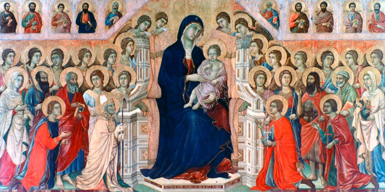 Maestà, Madonna med engler og hellige, 1308-1311 av Duccio di Buoninsegna