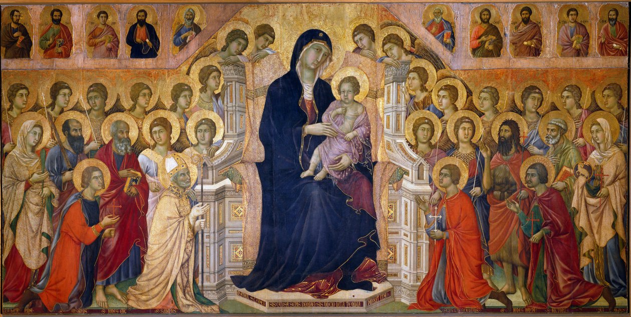 Maesta Madonna har barnet på tronen æret av helgener og engler. Sentralt panel. Fresco av Duccio di Buoninsegna (1255-1319) av Duccio di Buoninsegna
