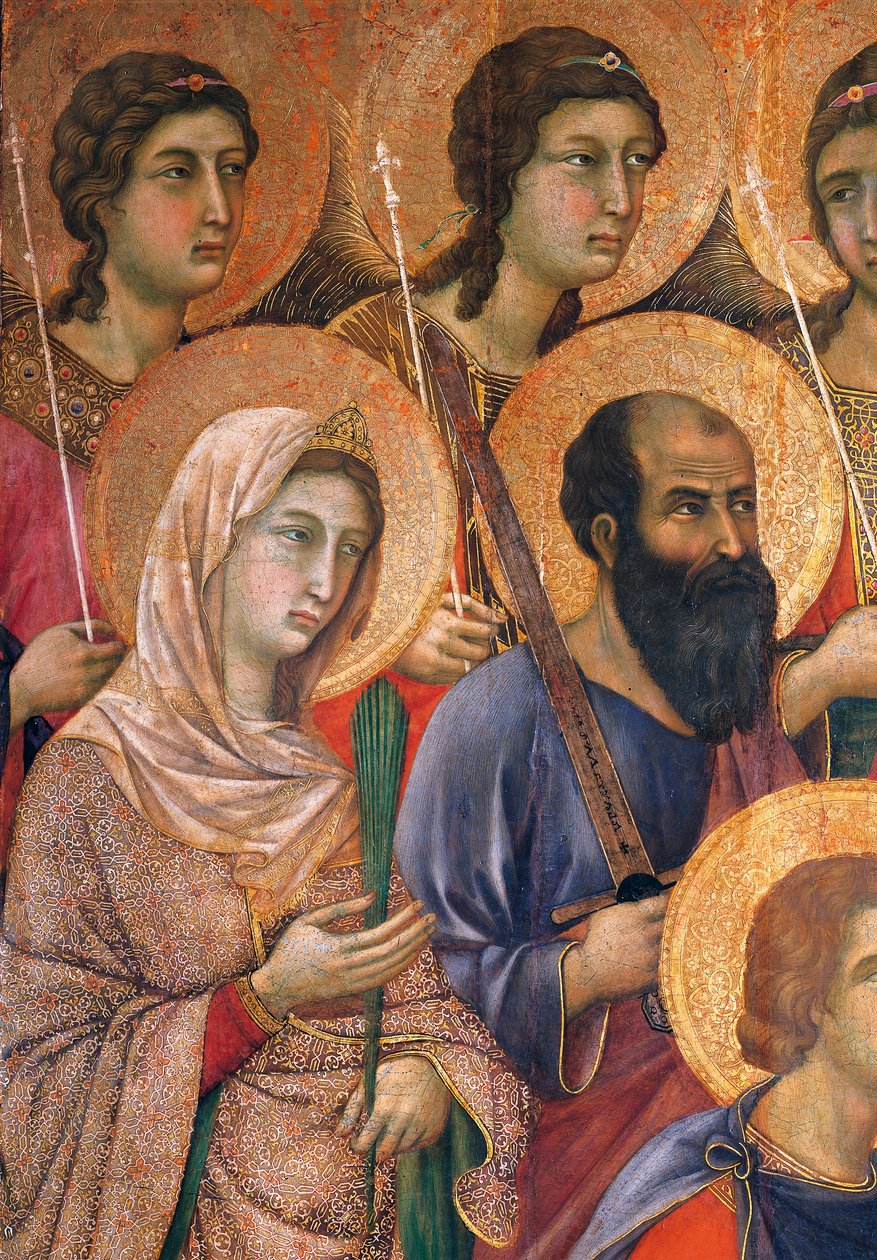 Maesta 'of Duccio altertavle i katedralen i Siena av Duccio di Buoninsegna (cirka 1255 - før 1319), tempera på tre, 212x425 cm, detalj av Duccio di Buoninsegna