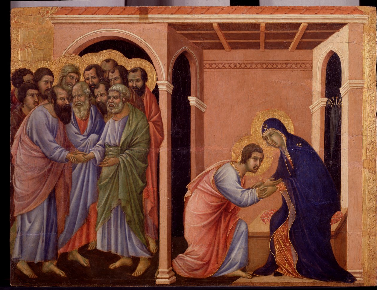 Maria tar avskjed med Johannes, på utsiden håndhilser apostlene Peter og Paulus. Detalj av Maesta (tempera og gull på tre av Duccio di Buoninsegna