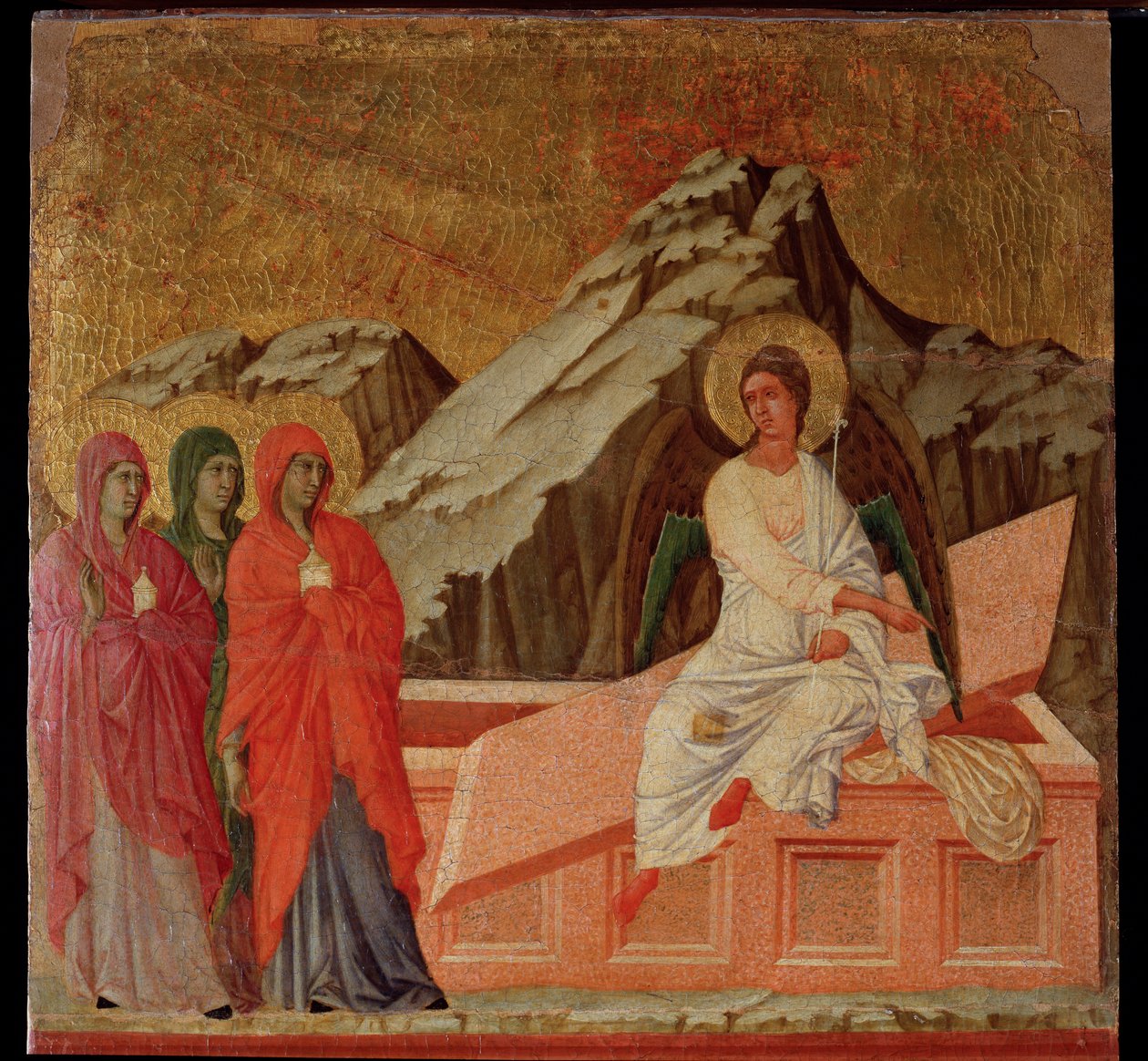 Lidenskap: Marie ved graven. Maesta altertavle (tempera og gull på tre av Duccio di Buoninsegna