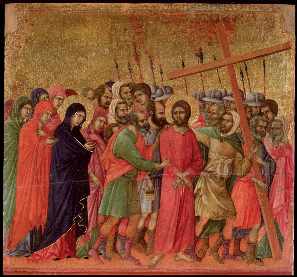 Lidenskap: oppstigningen til Golgata. Maesta altertavle (tempera og gull på tre av Duccio di Buoninsegna
