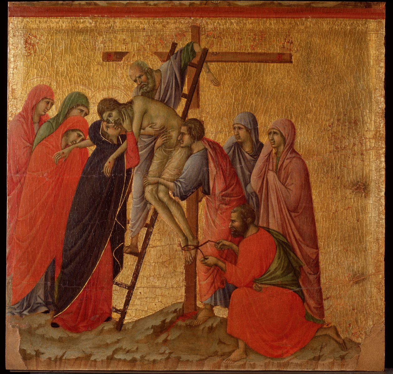 Lidenskap: avsetningen. Maesta altertavle (tempera og gull på tre av Duccio di Buoninsegna