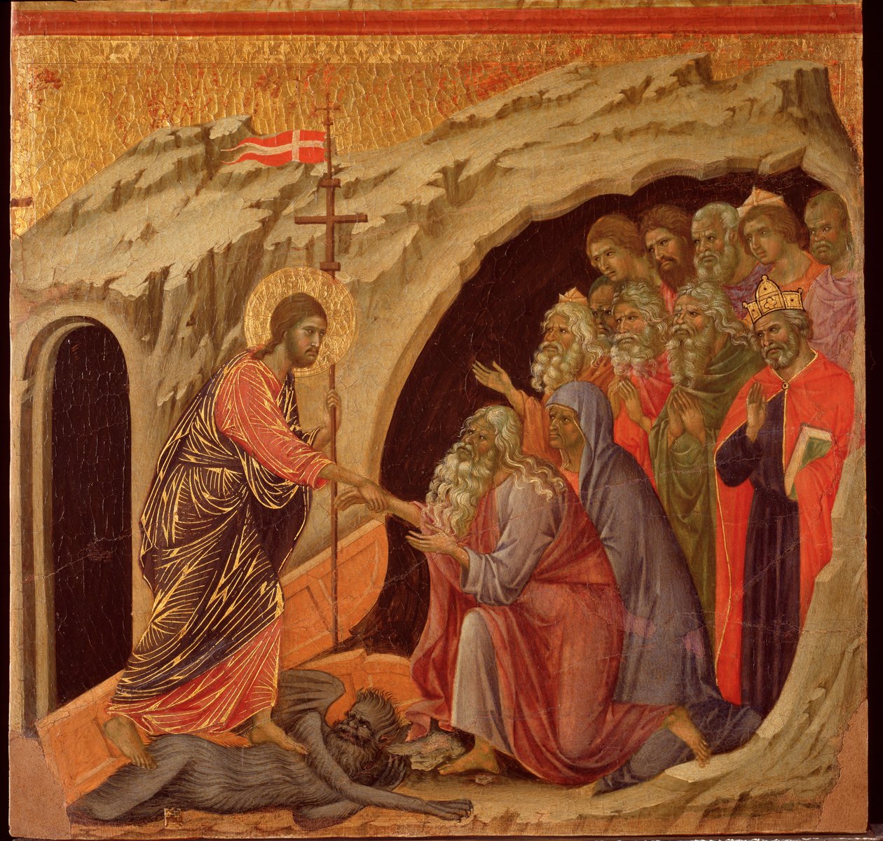 Lidenskap: nedstigningen til limbo. Maesta altertavle (tempera og gull på tre av Duccio di Buoninsegna