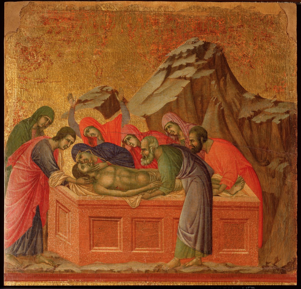 Lidenskap: gravleggingen. Maesta altertavle (tempera og gull på tre av Duccio di Buoninsegna