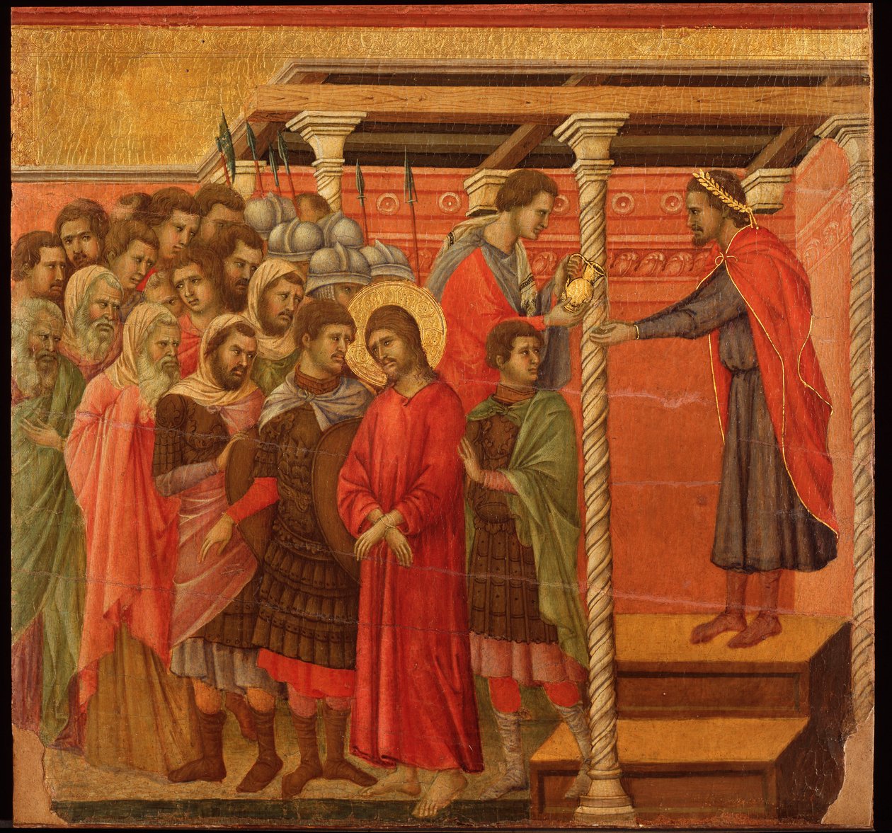 Pontius Pilatus vasker hendene. Maesta altertavle (tempera og gull på tre av Duccio di Buoninsegna