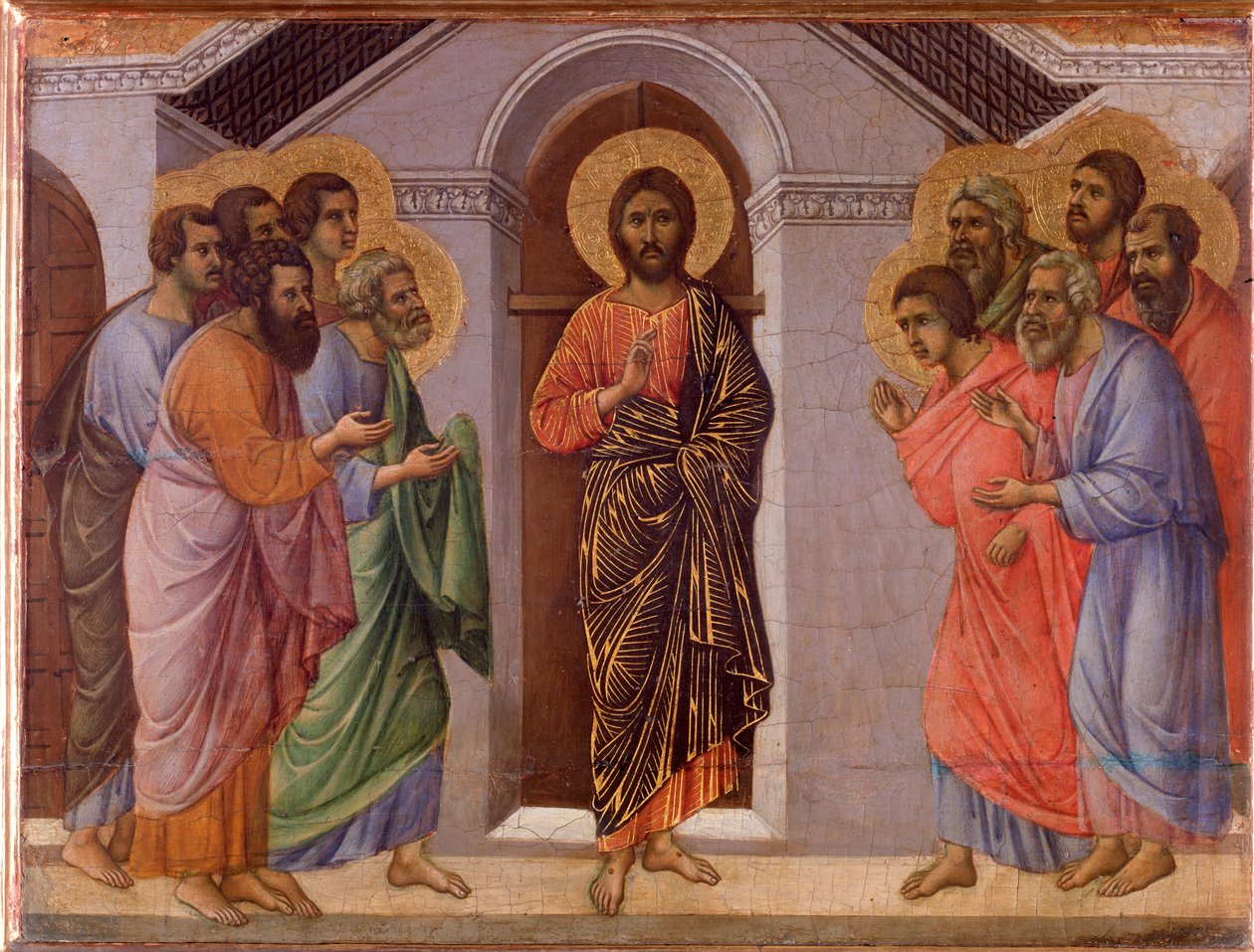 Den oppstandne Jesus viser seg for apostlene. Maesta altertavle (tempera og gull på tre av Duccio di Buoninsegna