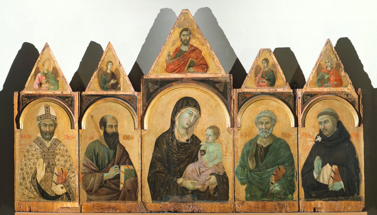 Den hellige jomfru med Kristusbarnet og de hellige Augustin, Paul, Peter og Domenico (eller Polyptych No 28), ca. 1305, av Duccio di Buoninsegna (ca 1255 - før 1319), tempera og gull på tre av Duccio di Buoninsegna