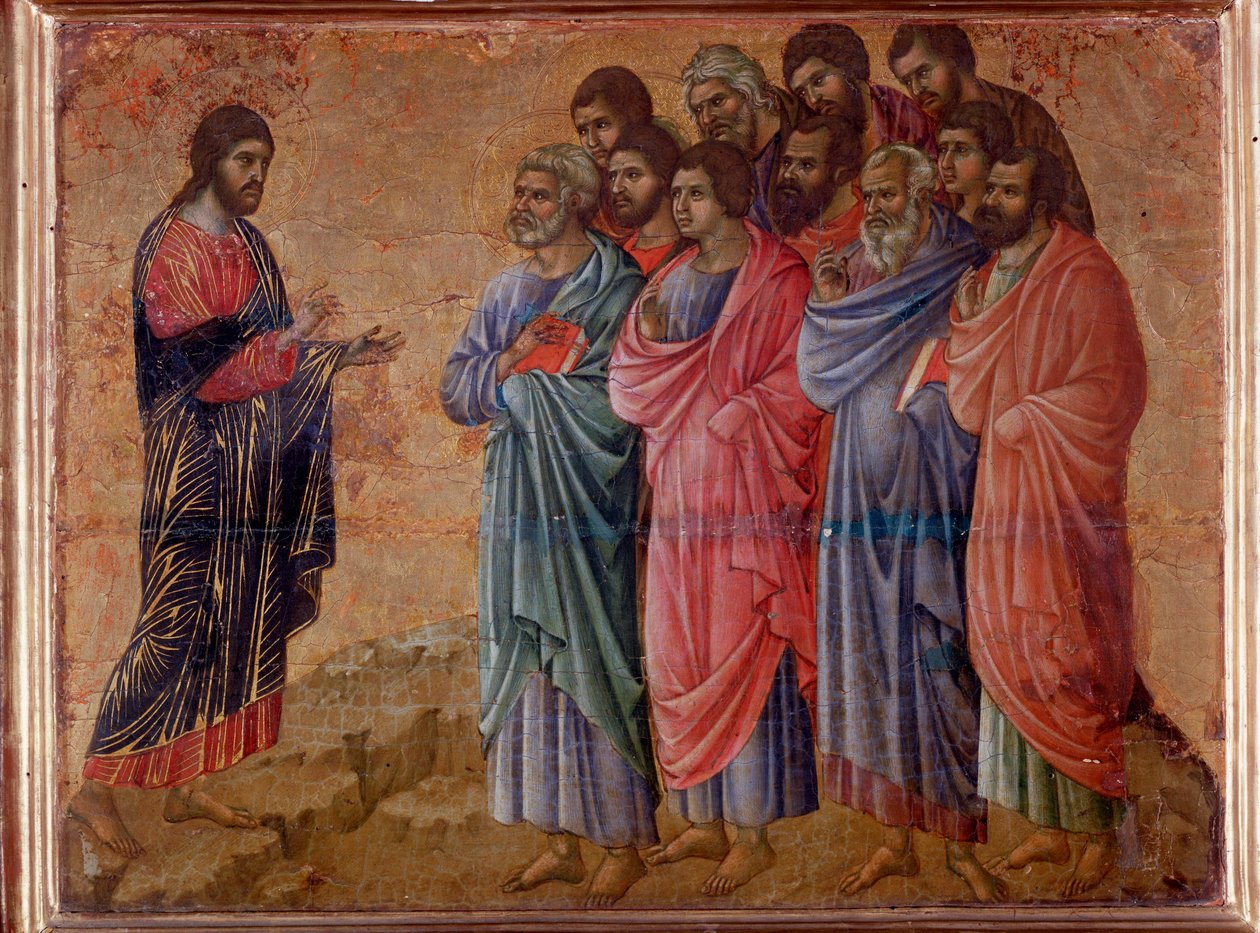 Den oppstandne Kristi tilsynekomst i fjellene i Galilea. Maesta altertavle (tempera og gull på tre av Duccio di Buoninsegna