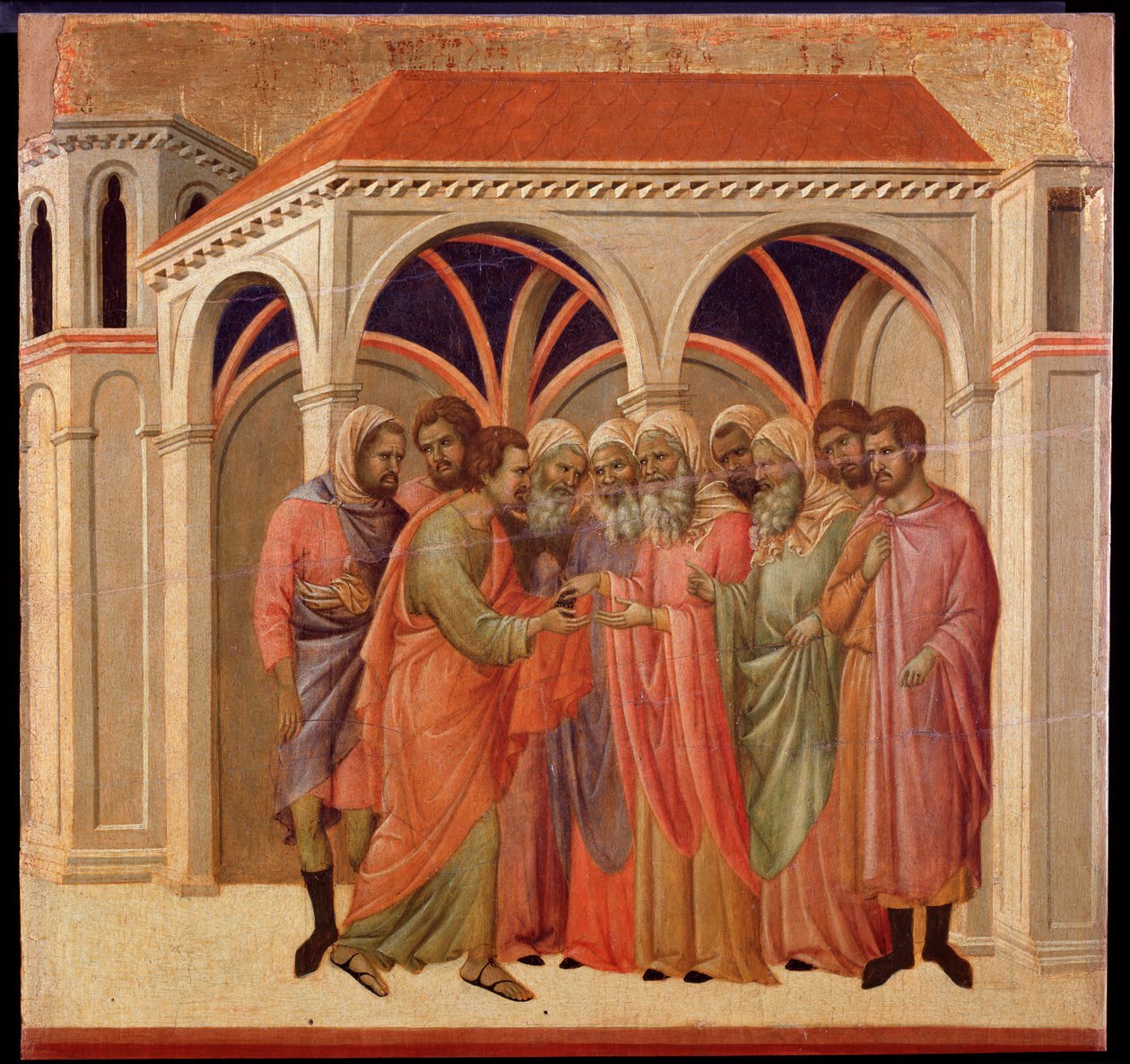 Forræderi av Judas. Maesta altertavle (tempera og gull på tre av Duccio di Buoninsegna