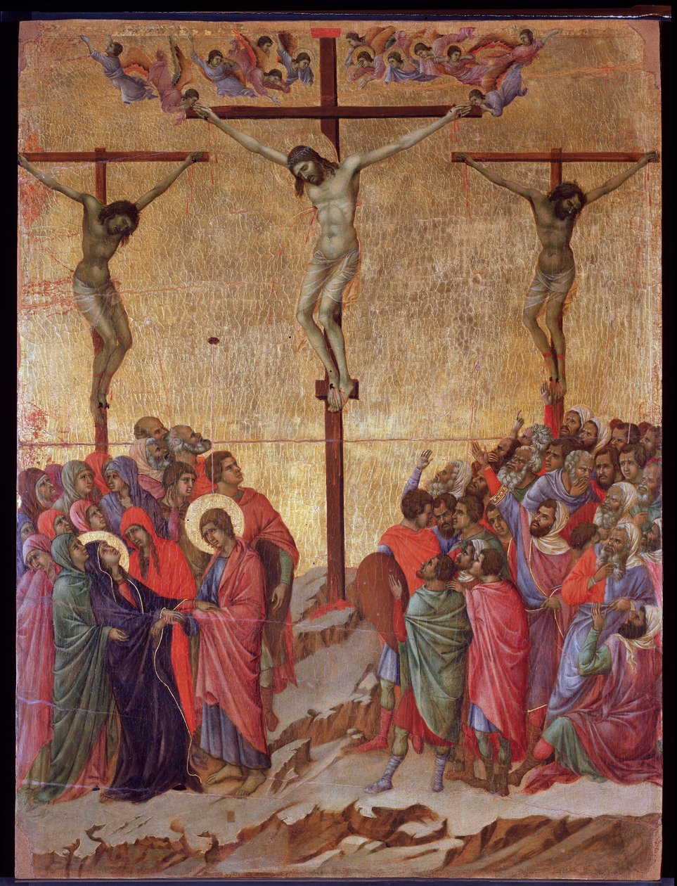 Korsfestelsen. På sidene, den gode tyven (Dismas) og den ubotferdige tyven (Gestas). Maesta altertavle (tempera og gull på tre av Duccio di Buoninsegna