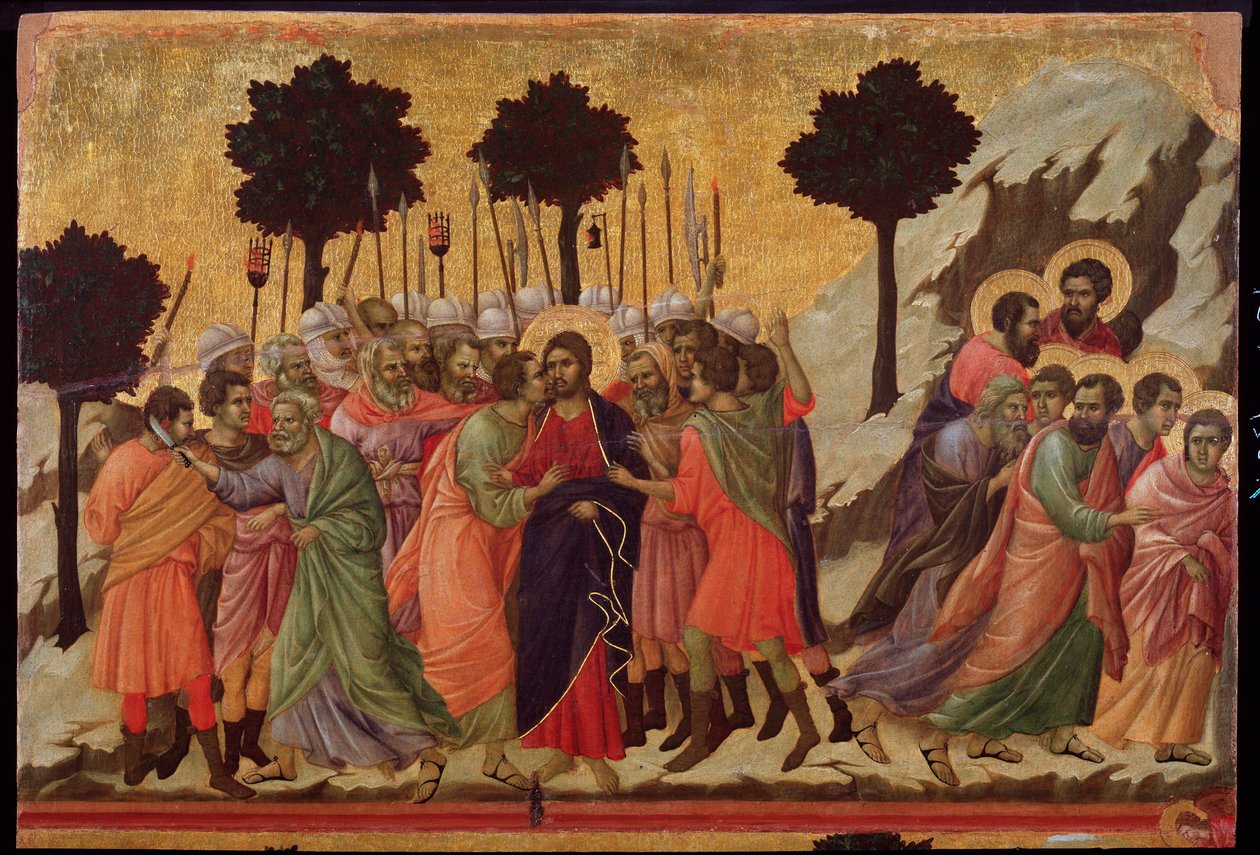 Judas kyss og fangst av Jesus. Maesta altertavle (tempera på tre av Duccio di Buoninsegna
