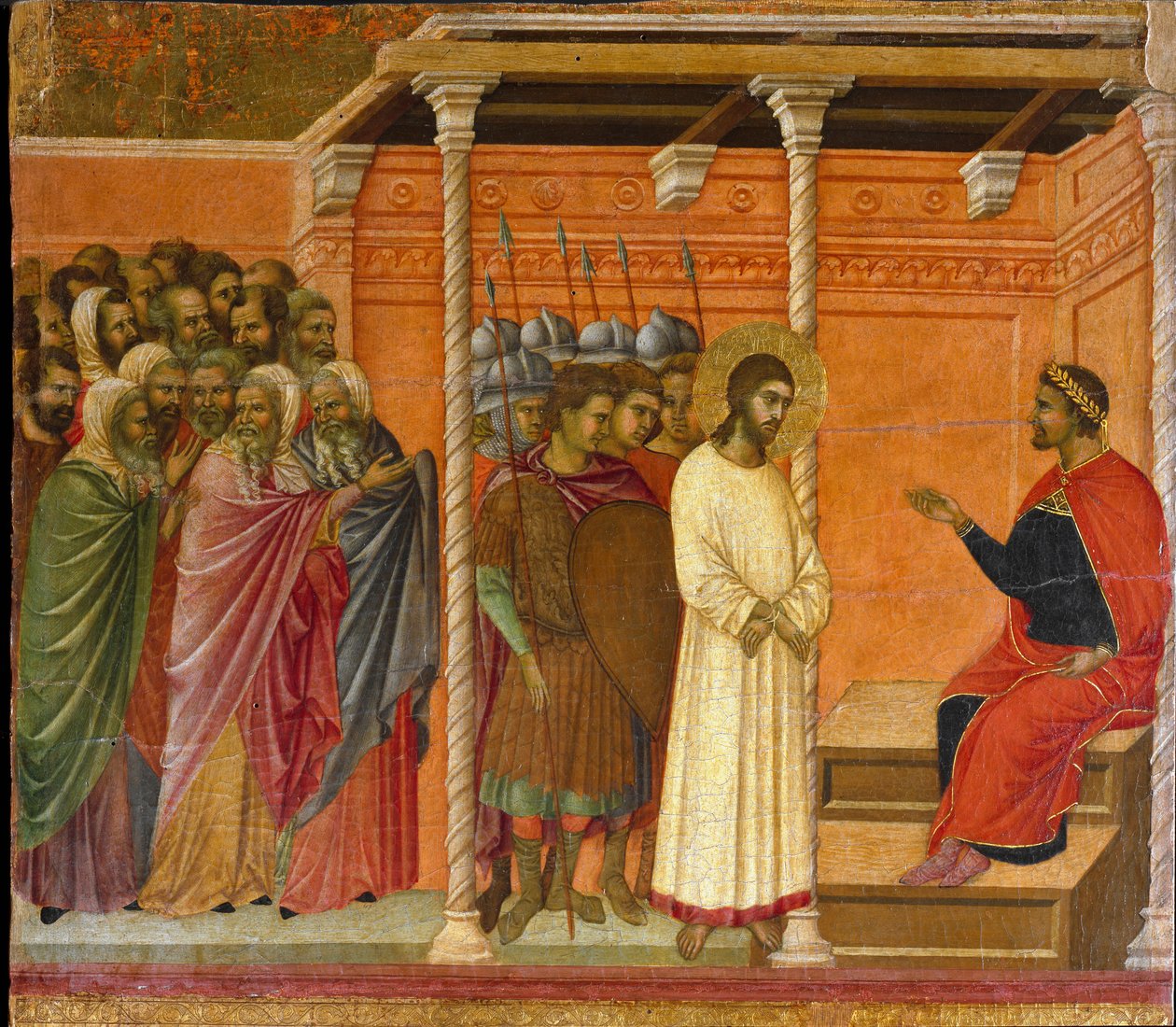 Det andre forhøret av Kristus av Pontius Pilatus - Baksiden av Maesta-altertavlen av Duccio di Buoninsegna