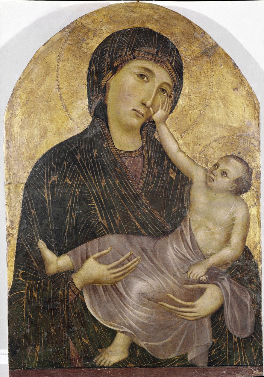Jomfru og barn (tempera og gull på panel av Duccio di Buoninsegna