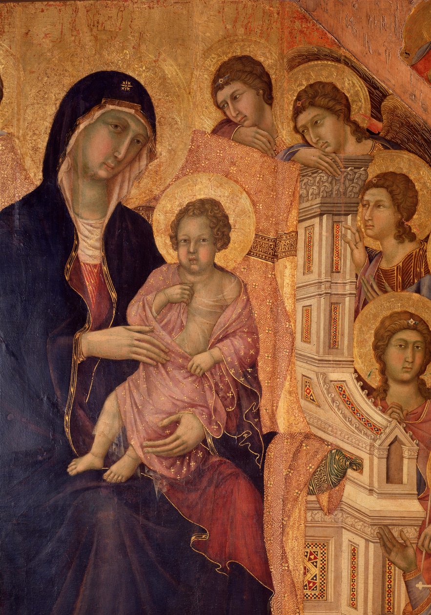 Jomfru og barn på tronen (La Maesta altertavle) (tempera og gull på tre) av Duccio di Buoninsegna