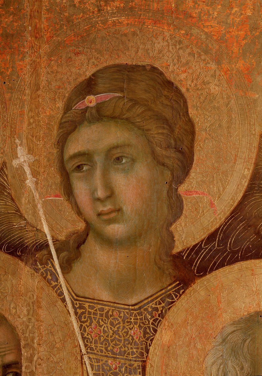 Jomfru og barn på tronen. Detalj av La Maesta (tempera og gull på tre av Duccio di Buoninsegna